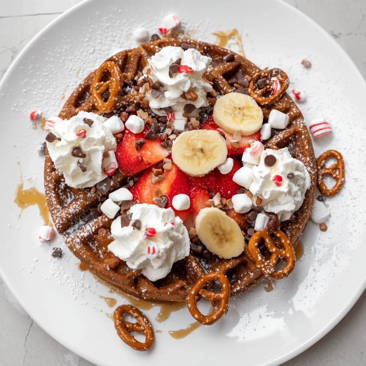 A close-up shot of a Gingerbread House Waffle Bar, perfect for a fun and delicious holiday meal.