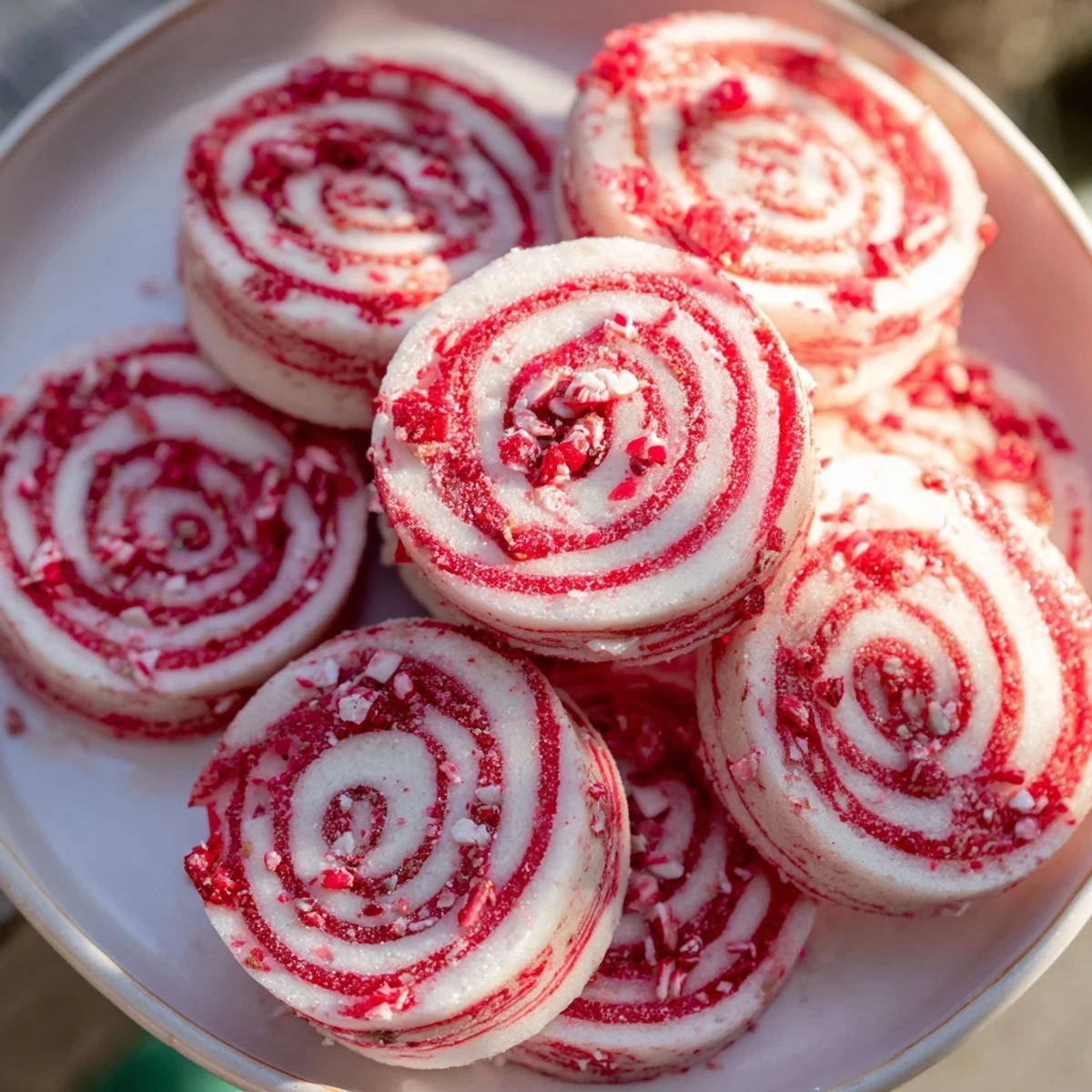 Warm, freshly baked Candy Cane Swirl Cookies with festive red and white peppermint swirls, ready to eat!