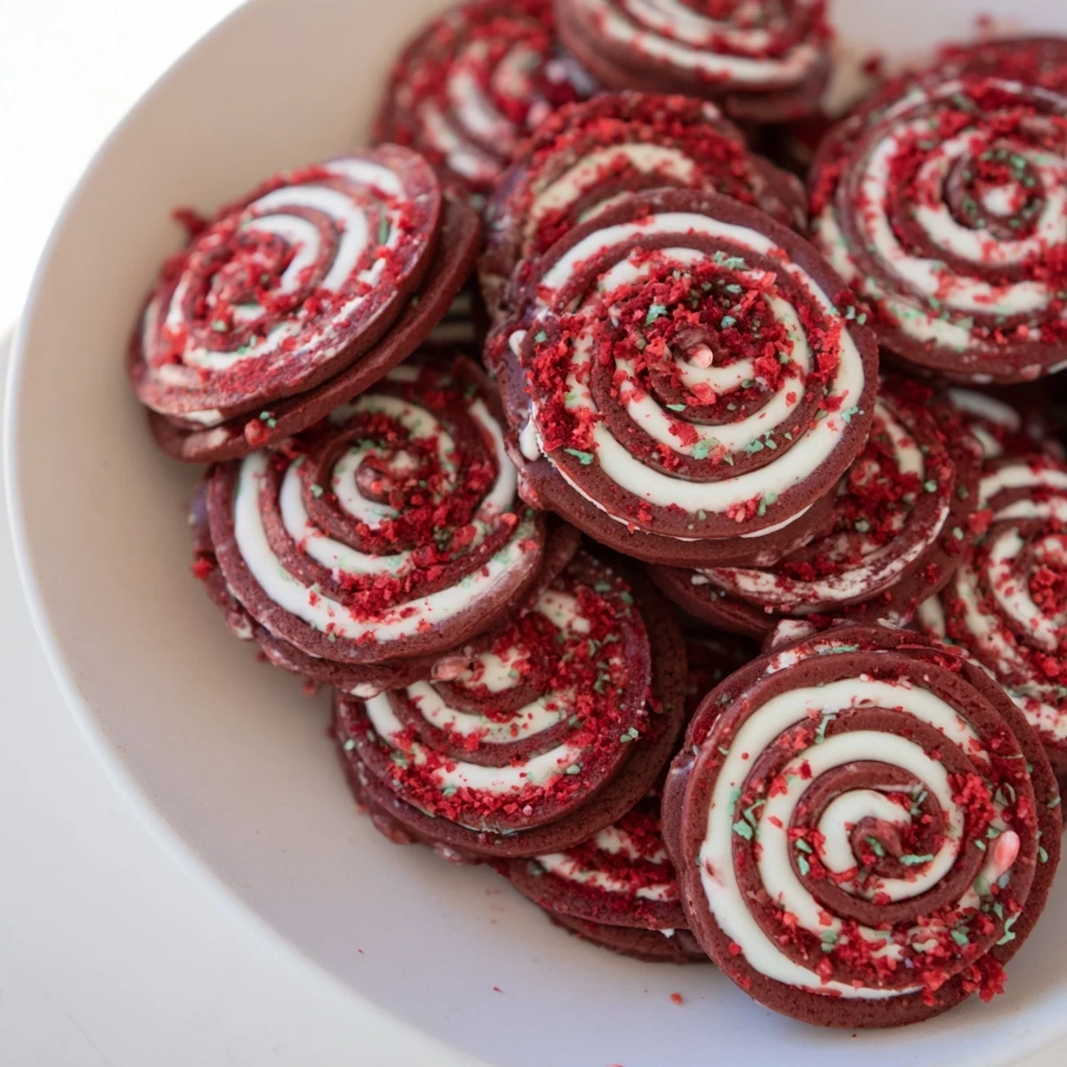 These delicious Candy Cane Swirl Cookies have a swirl of red and white, offering a festive taste of the holidays.