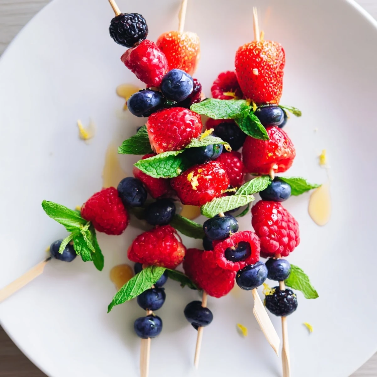 Vibrant, colorful fruit skewers bursting with sweet berries and refreshing mint sprigs, ready to eat.