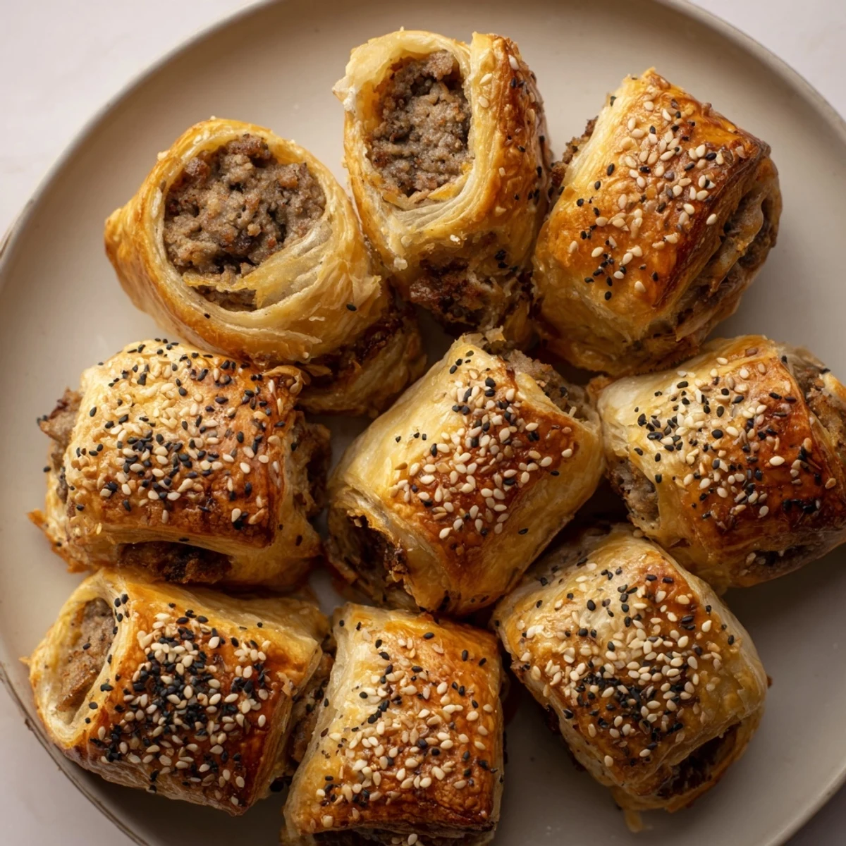 Flaky, golden mini sausage roll half-circle wreath, perfect for holiday appetizers; imagine the savory aroma.