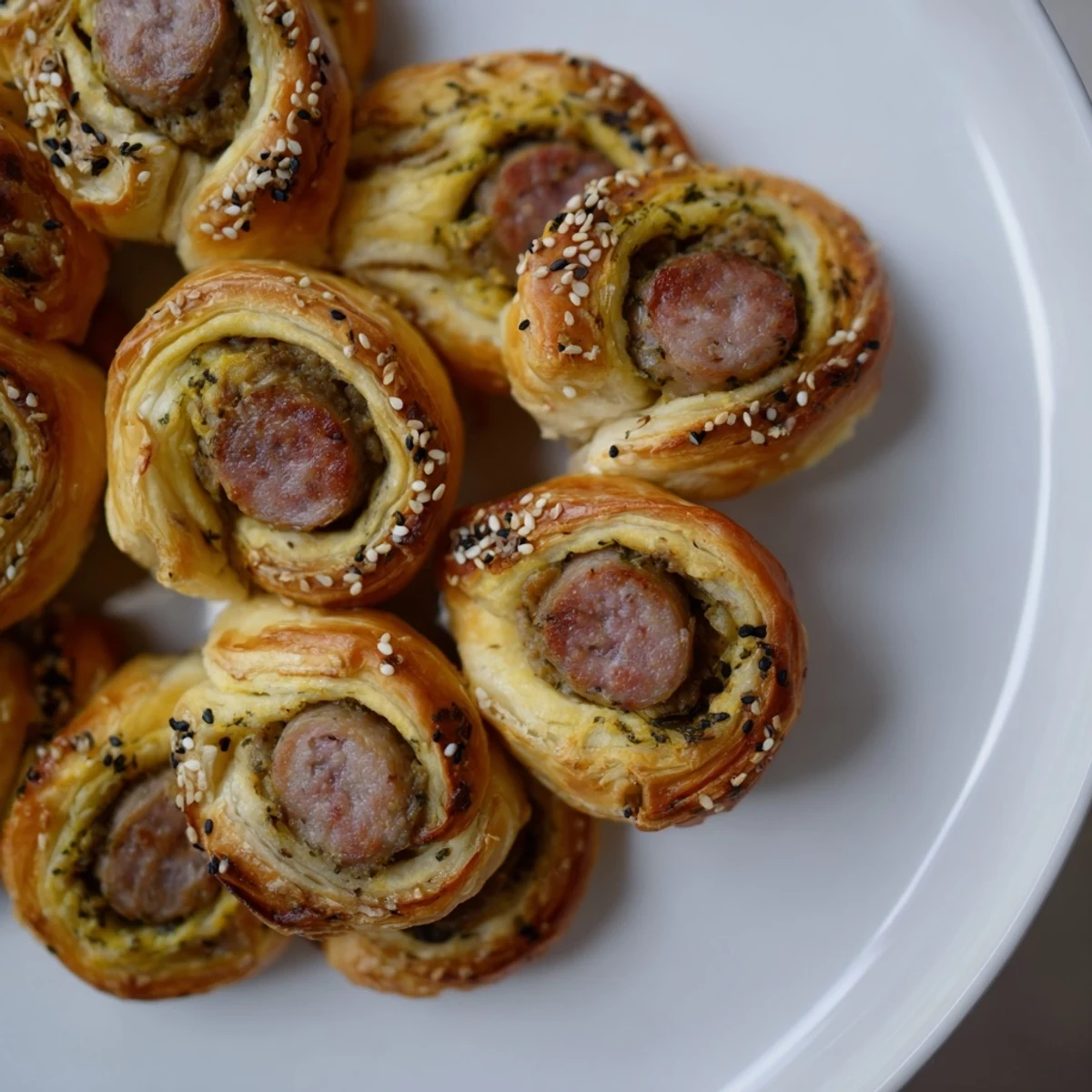 Close-up of freshly baked mini sausage roll wreath; golden pastry with sesame seeds, ready to serve with mustard.