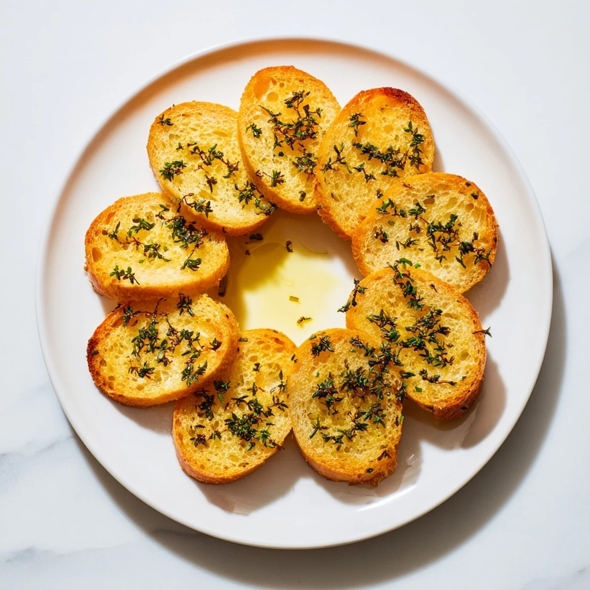 Golden baked baguette slices arranged in a circle, ready for serving with your favorite dips.
