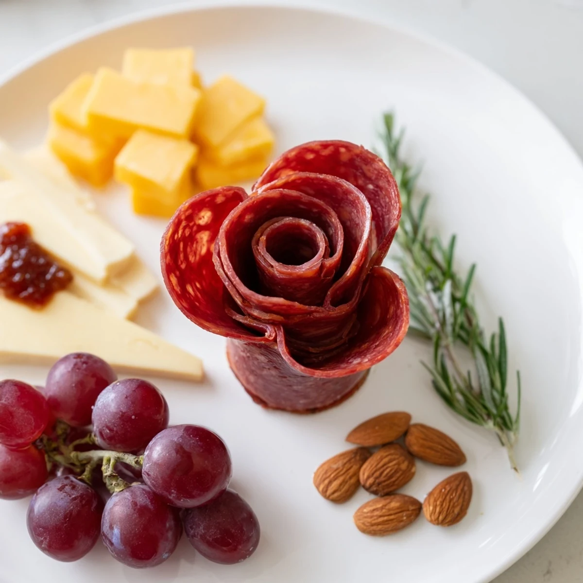 Easy charcuterie board with a salami rose, creamy brie, fresh fruits, and flavorful nuts to enjoy.