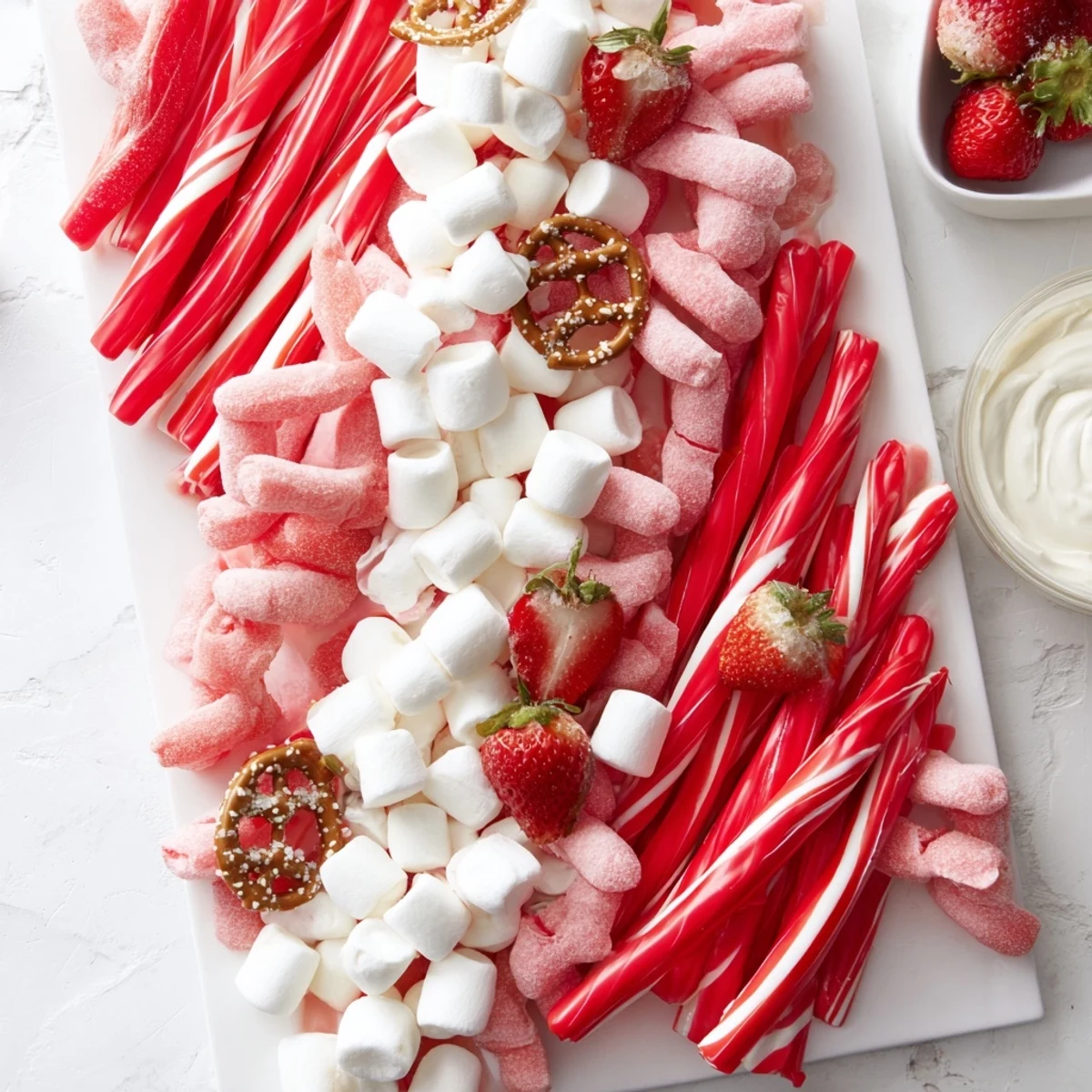 A beautifully arranged Sweet Board, featuring vibrant red and white candies for a festive dessert spread.