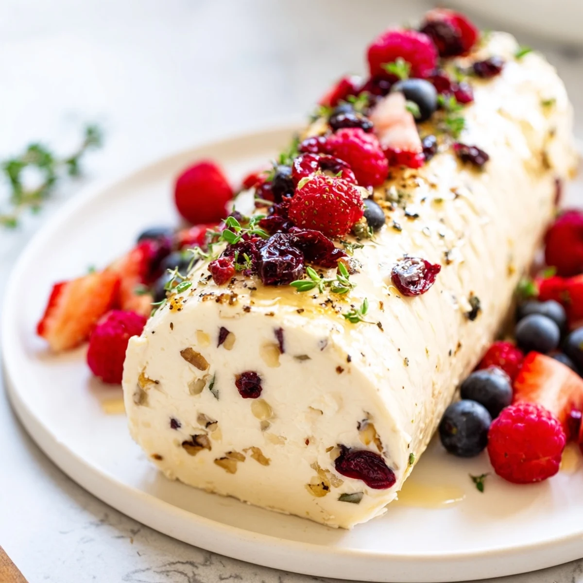 Creamy cranberry goat cheese log appetizer, delightfully paired with fresh, colorful berries as a party snack.
