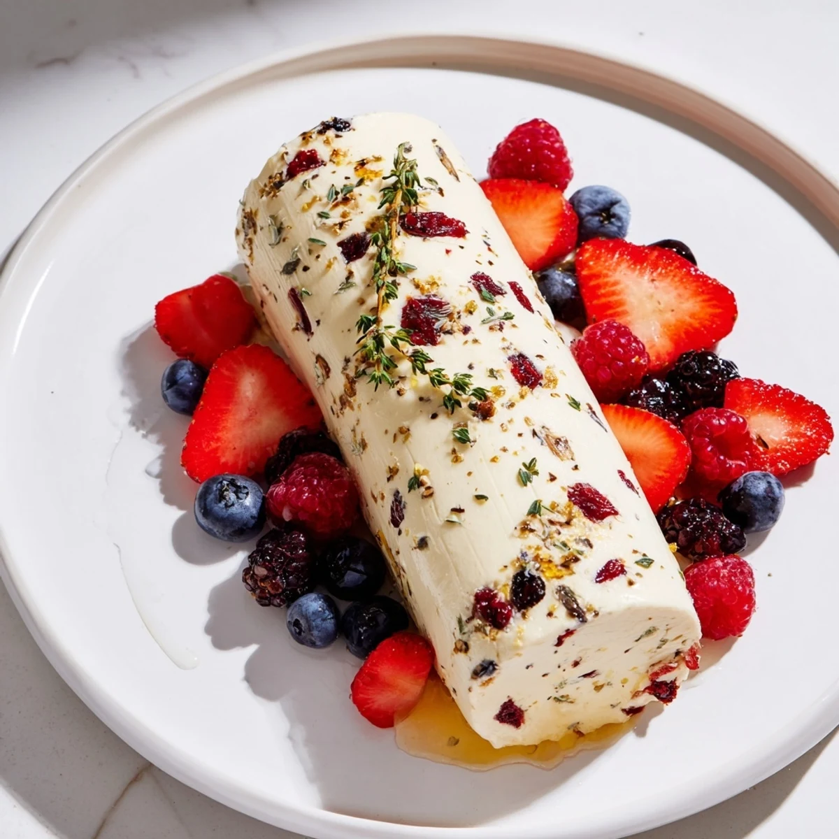 Tangy cranberries and goat cheese log with vibrant berries, perfect for easy entertaining and elegant presentation.