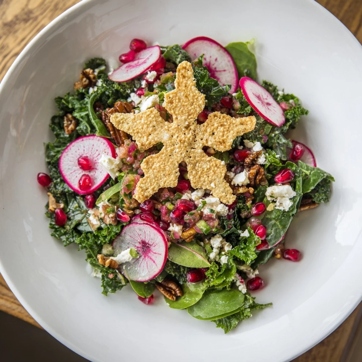 Snowflake tortilla chips crown the vibrant ingredients of this winter salad, with fresh salsa on the side..
