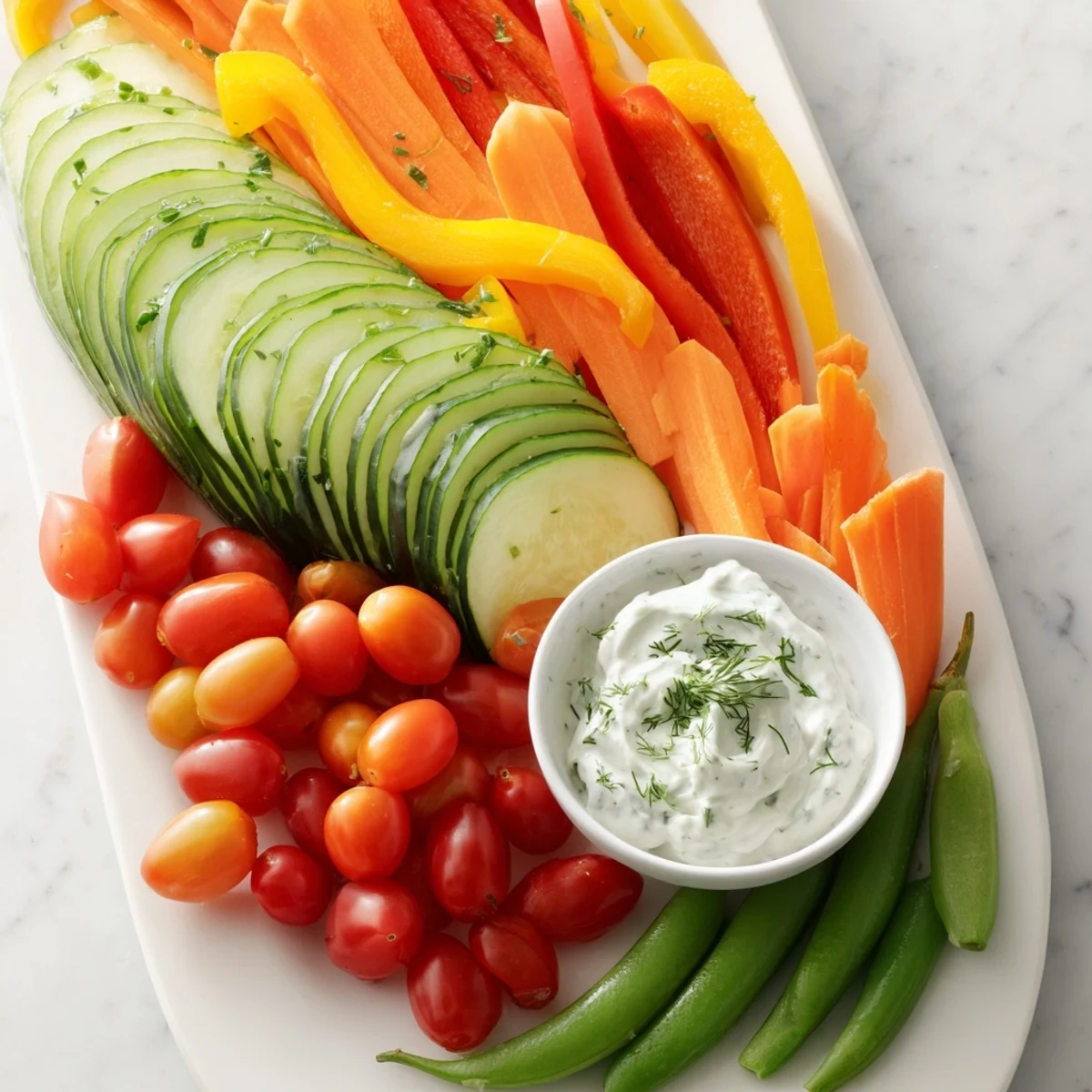 A colorful Veggie Platter: Fan-Shaped cucumber and carrot slices with creamy yogurt dip ready to enjoy.