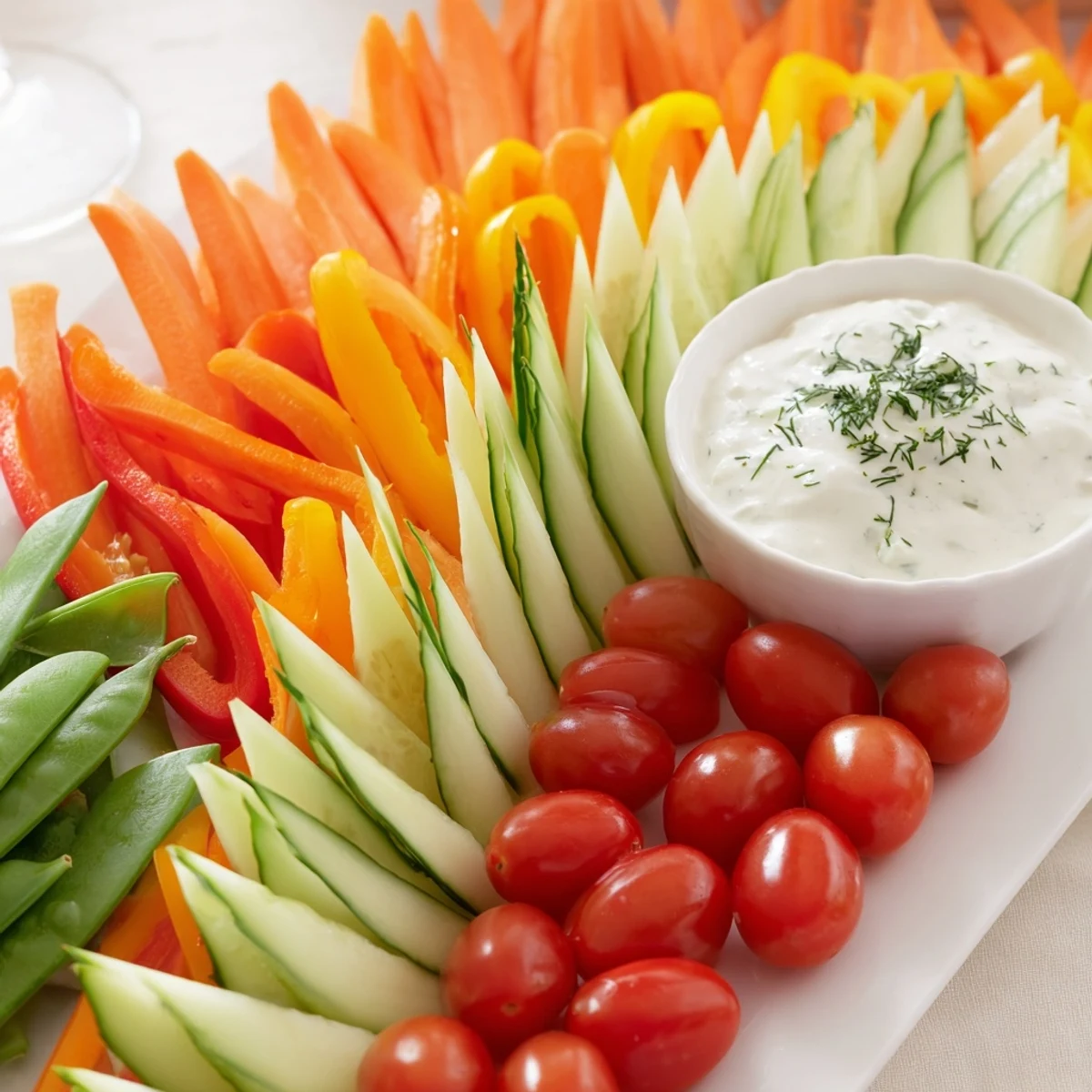 Crisp and refreshing Veggie Platter showcasing radiant carrot and cucumber arrangement for healthy snacking.