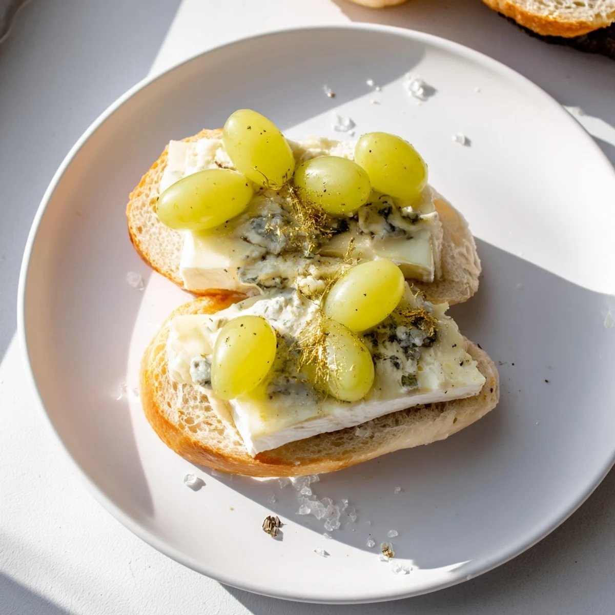 Elegant Sparkling Champagne Toast appetizers on a platter, showcasing glistening grapes and a golden finish.