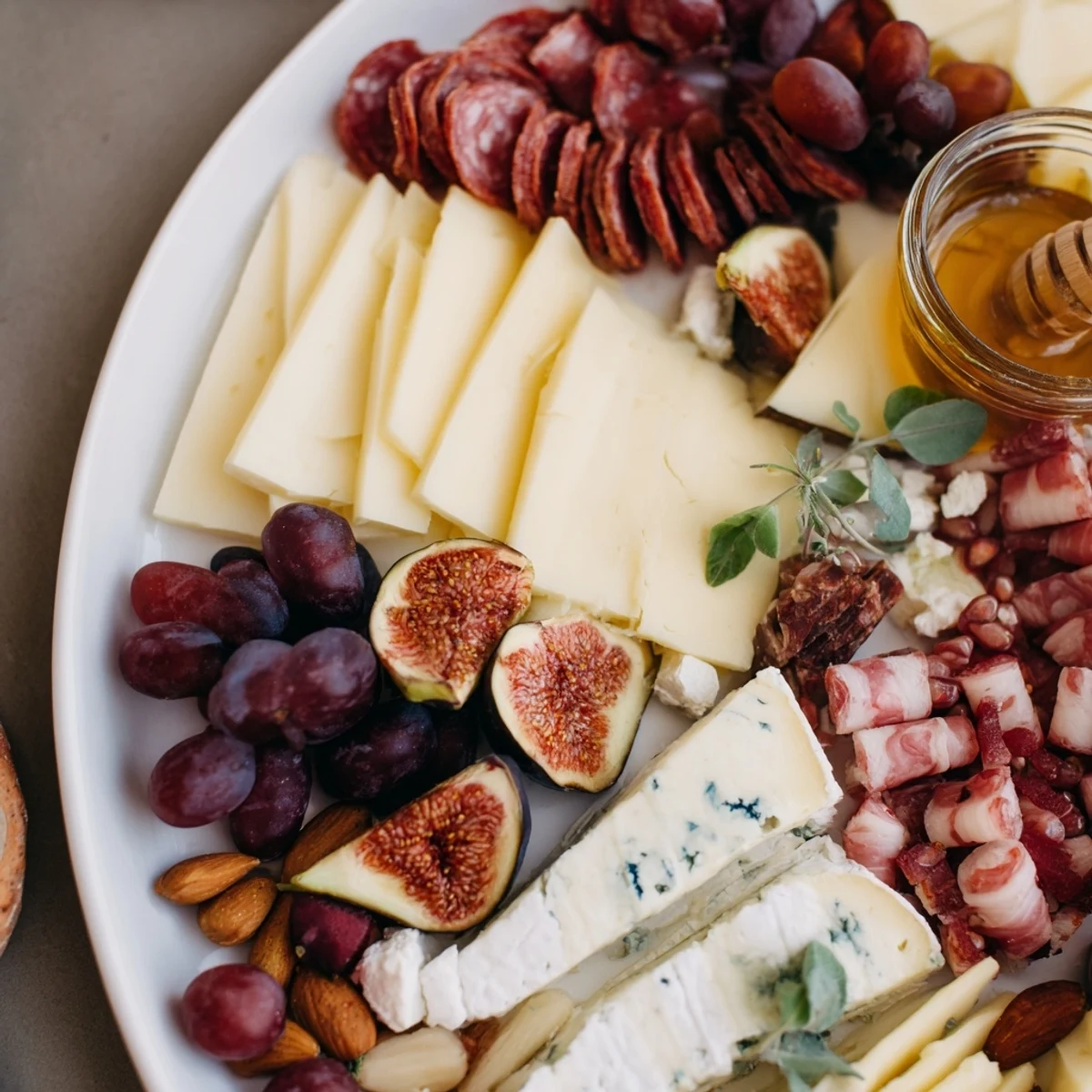 Close-up of a Pomegranate Jewel Cascade cheese board, featuring bright ruby pomegranate seeds cascading downwards.