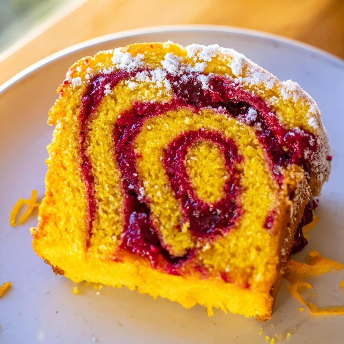 Vibrant swirl of the Cranberry Orange Dessert, ready to be sliced, offering festive holiday flavors.