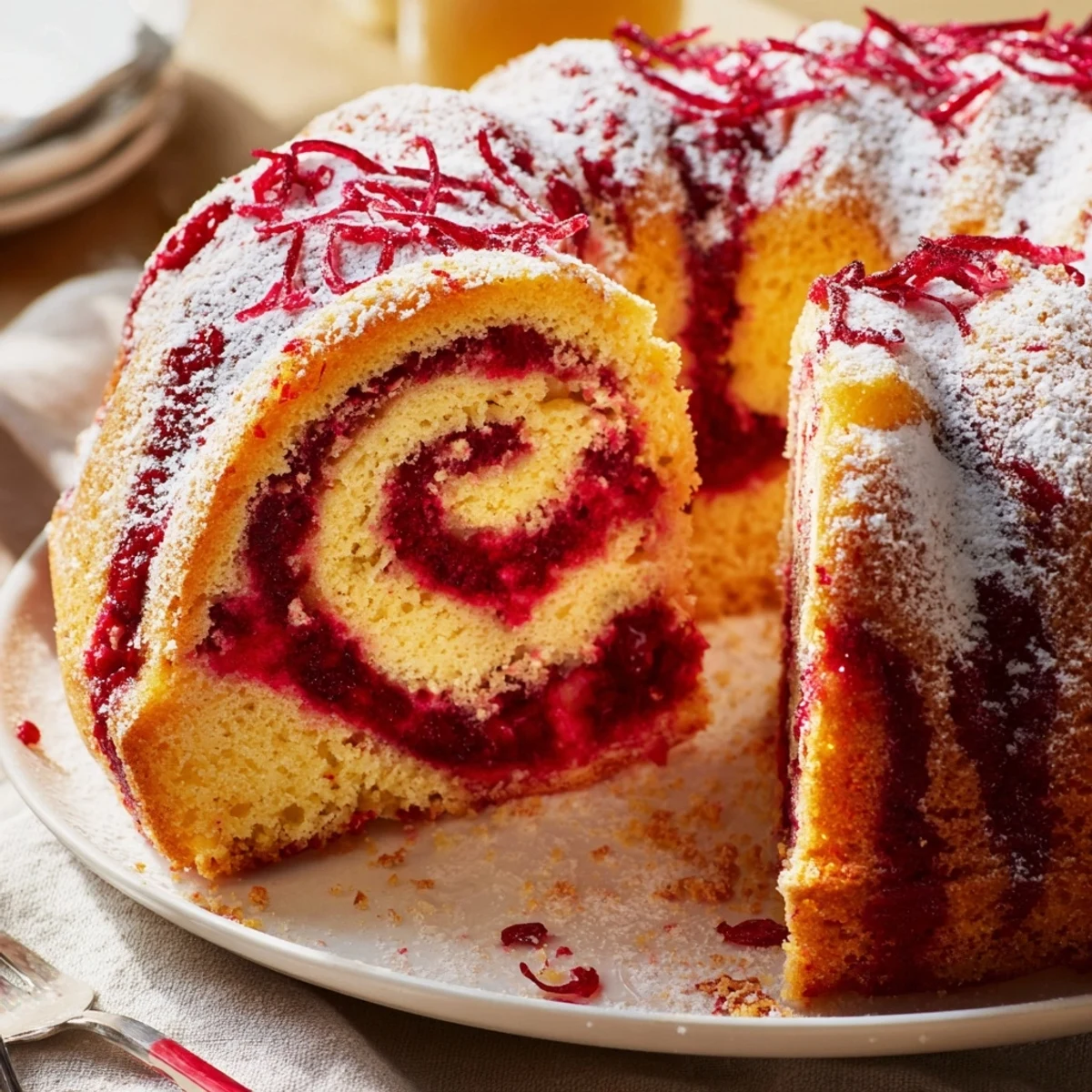 Freshly baked Cranberry Orange Swirl cake, dusted with powdered sugar, ready for serving.