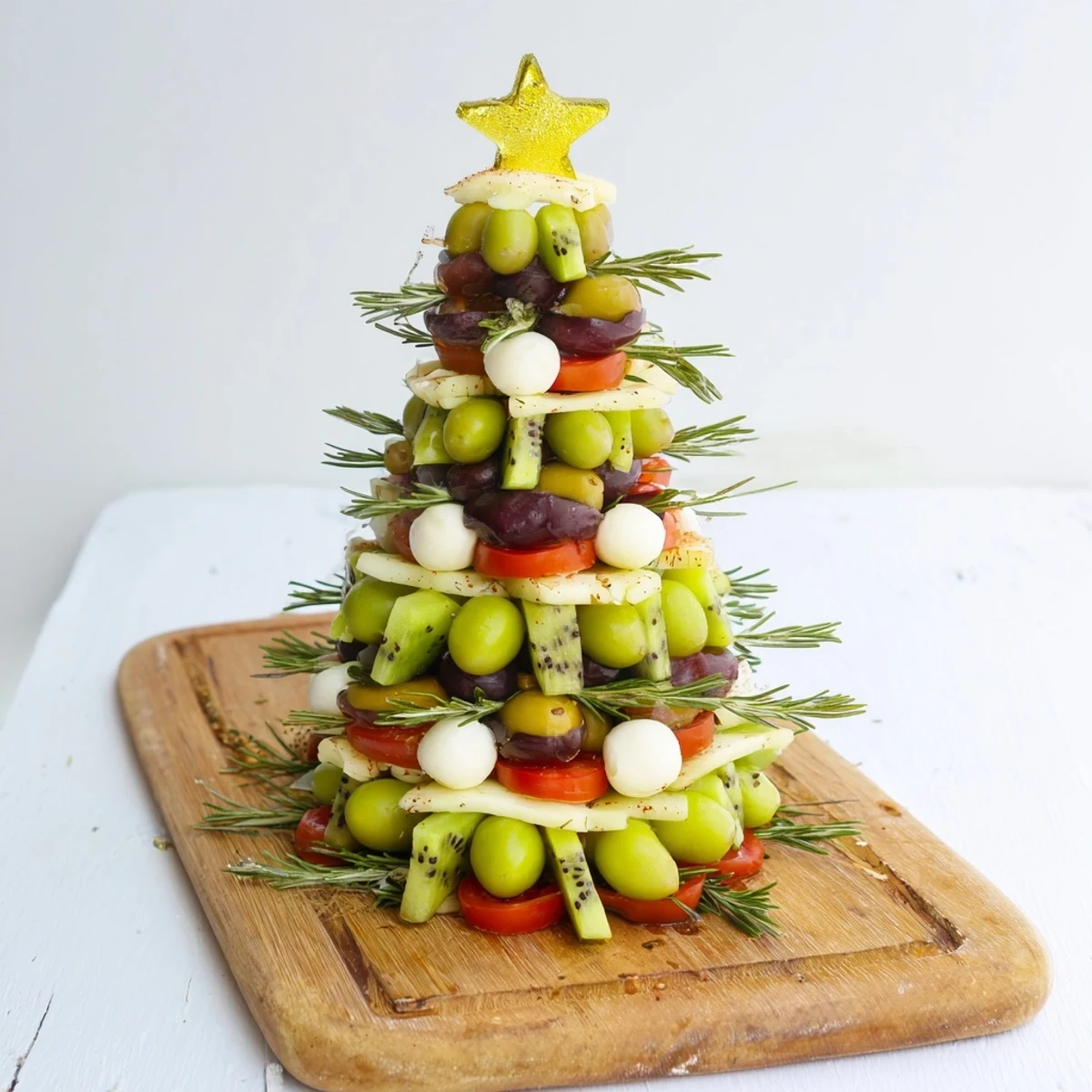 Festive Christmas Tree Triangle Board appetizer arranged beautifully with colorful fresh fruit and veggies.