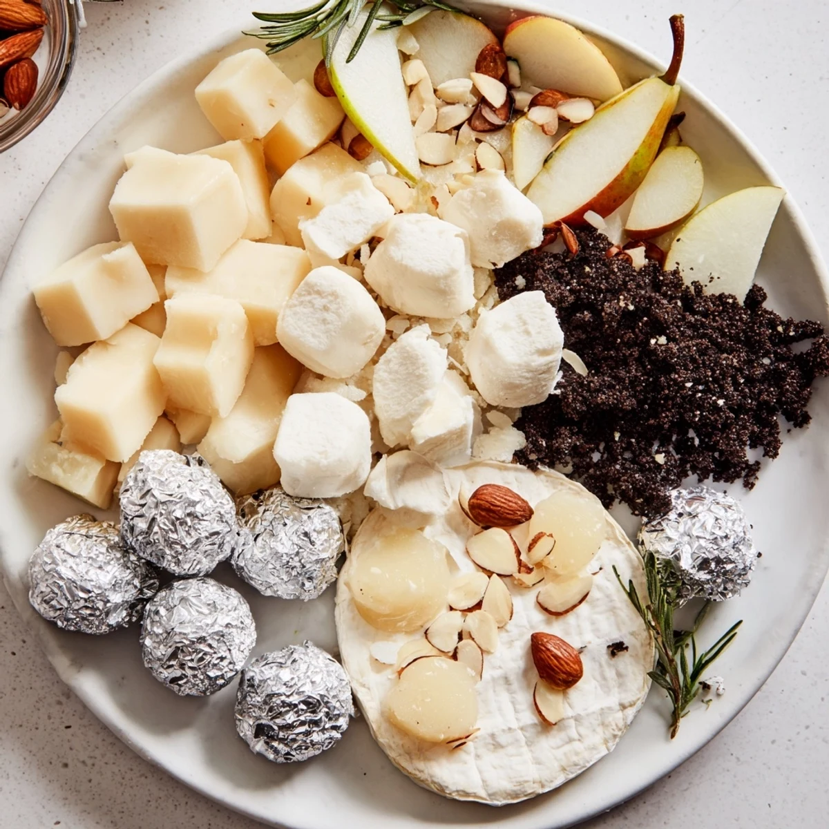 Indulge with The Silver Screen, a gourmet cheese board featuring silver-wrapped chocolates and creamy cheeses.