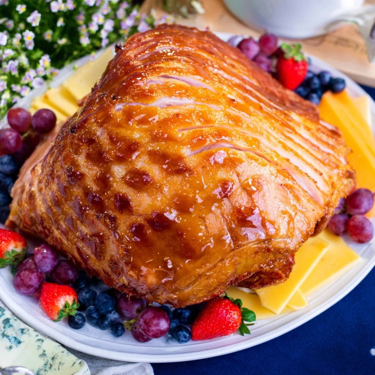 Sweet, glistening glazed ham centerpiece board, laden with cheeses, crackers, and fruits for a festive spread.
