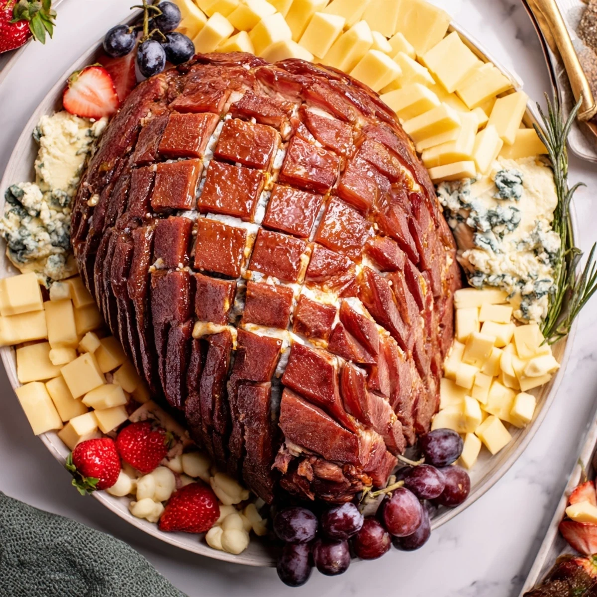 A beautiful close-up of the fully assembled glazed ham centerpiece board for a holiday brunch, ready to eat.