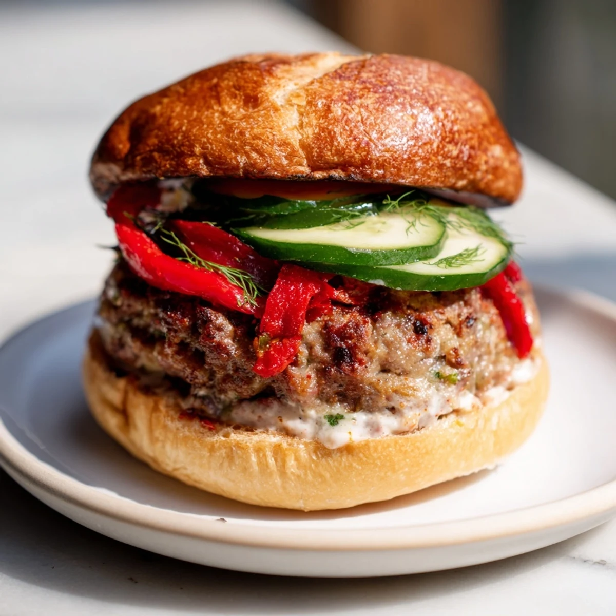 Close-up of a perfectly grilled Fire & Ice Burger, featuring colorful red peppers and fresh cucumber slices.