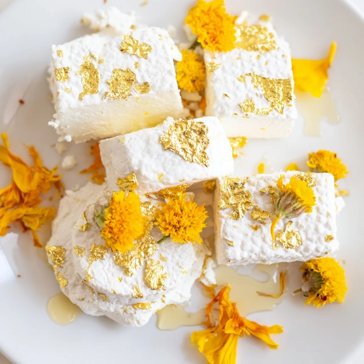 A beautifully arranged "Gilded Lily" cheese platter, showcasing gold-dusted cheeses and vibrant petals.