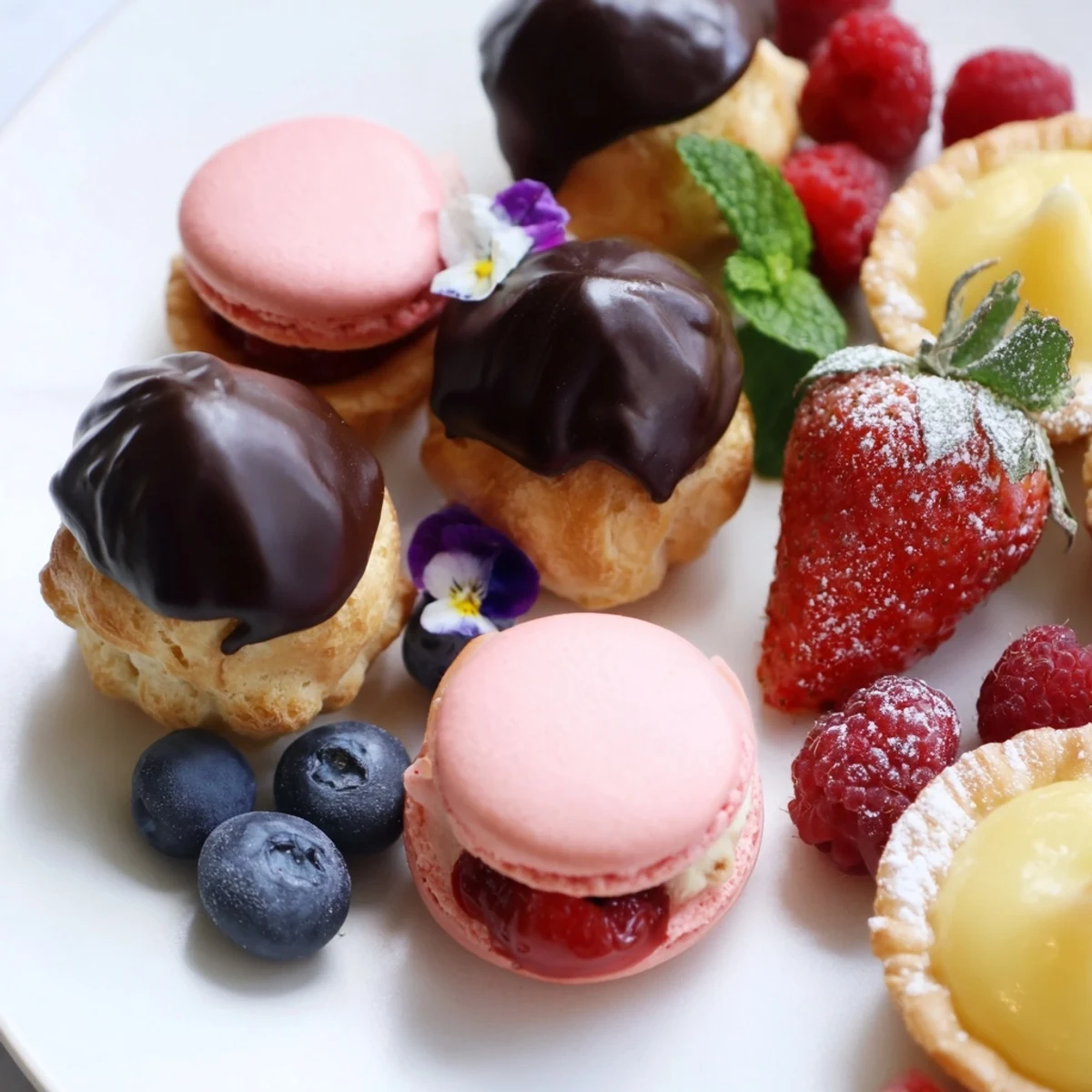 A beautifully arranged Montgolfière Dessert Platter showcasing various mini French pastries and fresh berries.