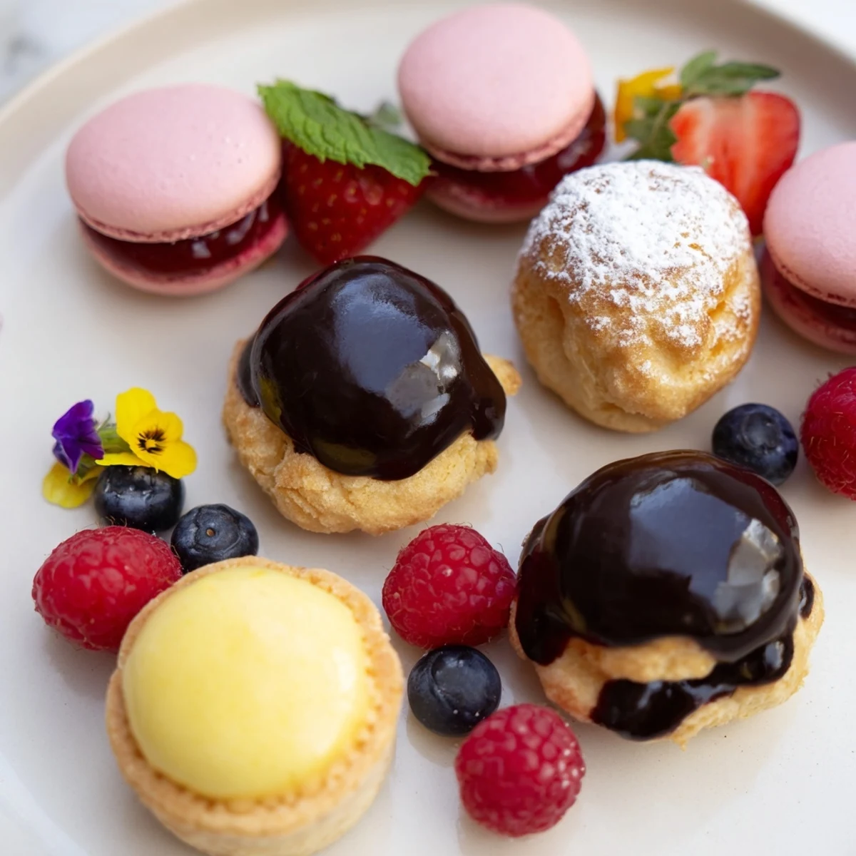 This colorful Montgolfière Dessert Platter features tiny lemon tartlets, macarons, and chocolate-filled cream puffs.