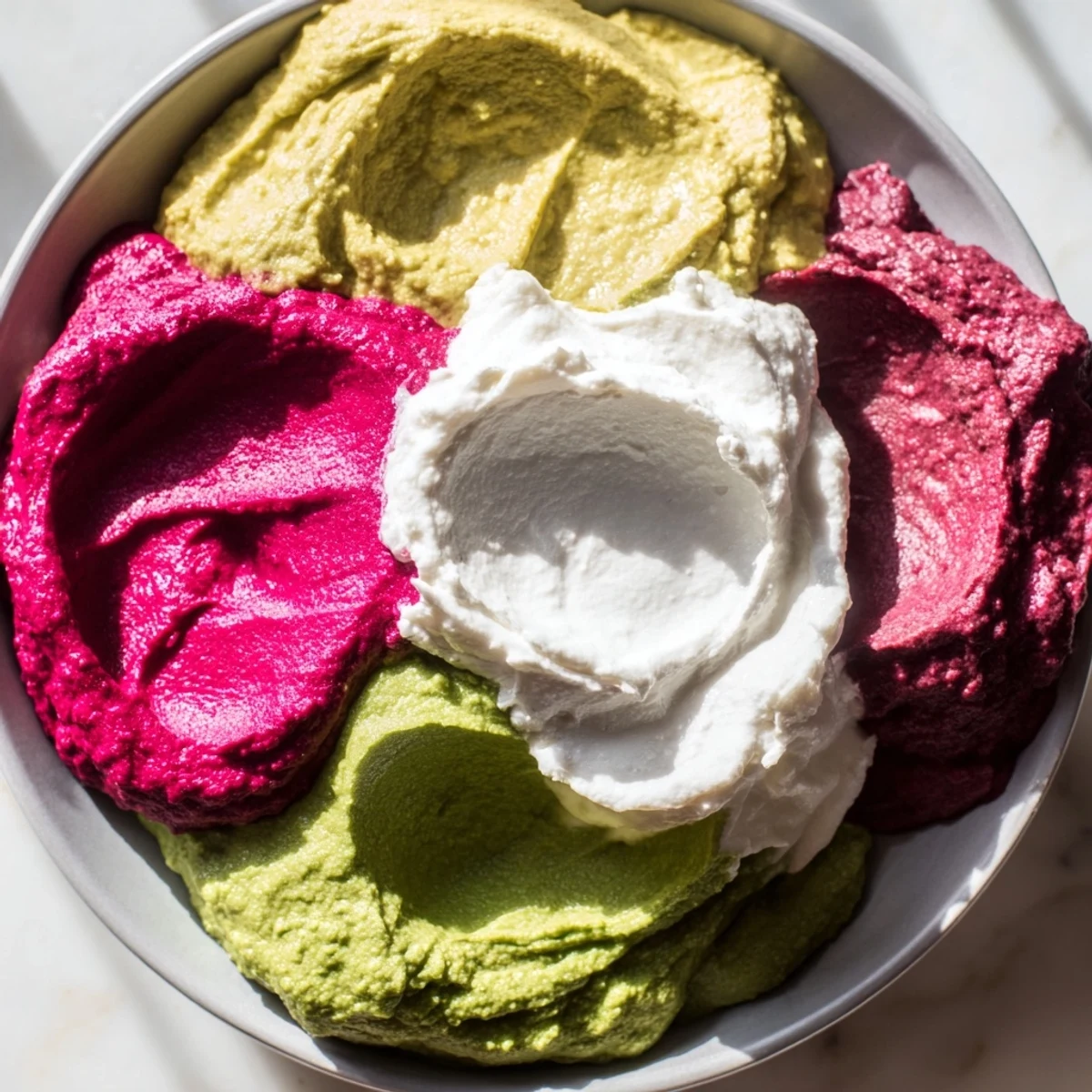 Beautiful marble swirl appetizer, a colorful array of dips swirled atop a platter, ready to be enjoyed.