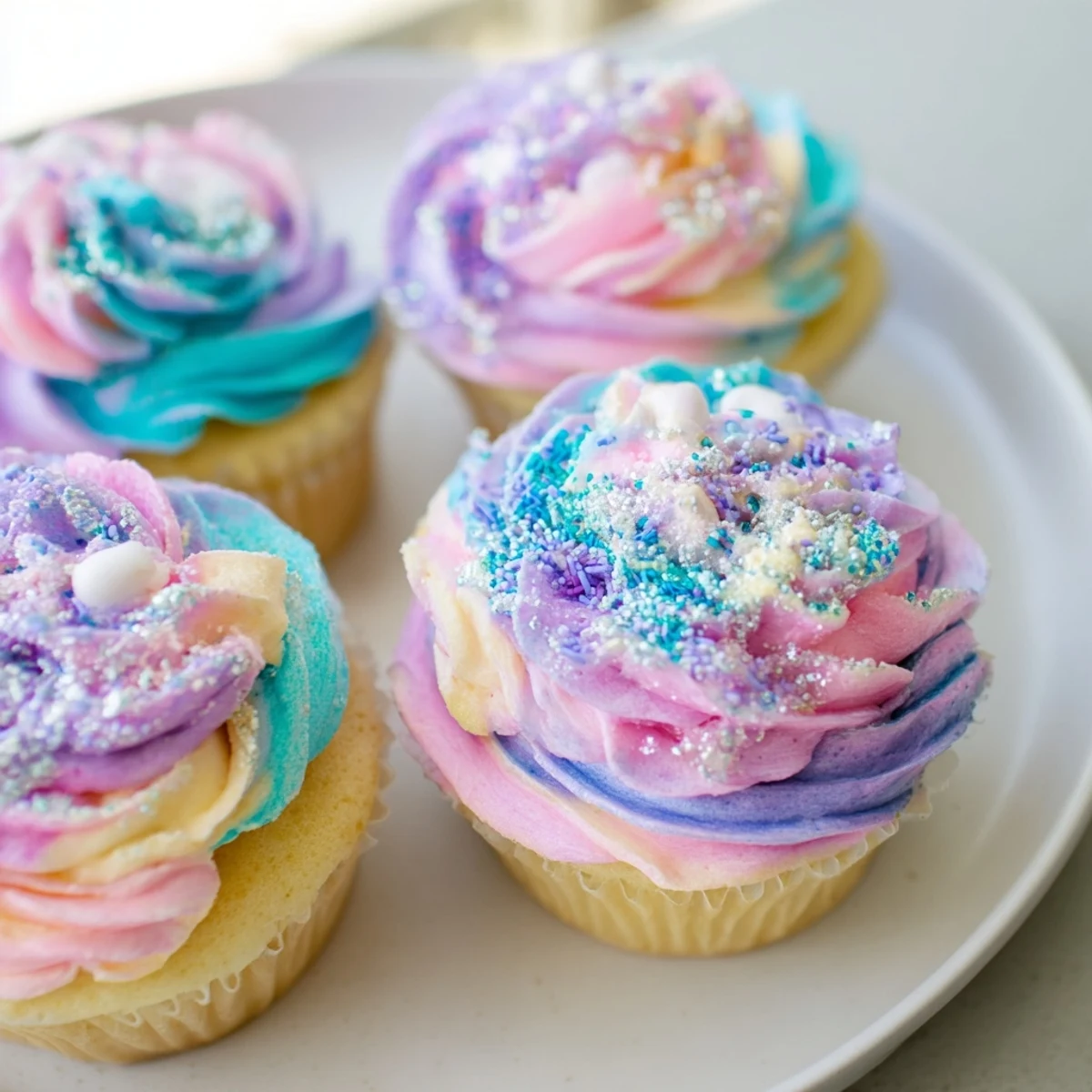 Close-up of a whimsical Magical Unicorn Dessert Table, featuring colorful treats and unicorn toppers.