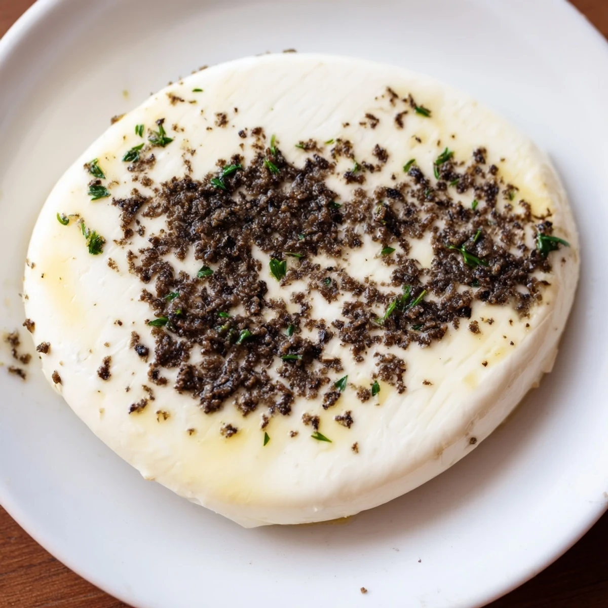 A close-up view presents the beautiful The Victorian Cameo appetizer: olive tapenade silhouettes on soft cheese.
