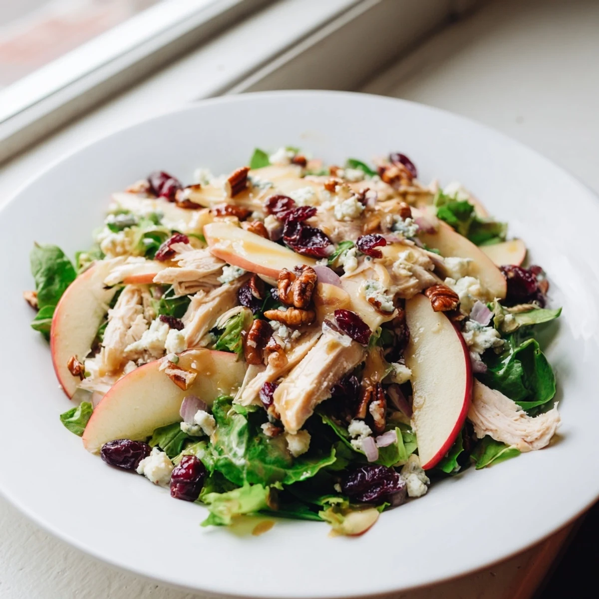 Chicken and Apple Winter Salad: A close-up of the flavorful salad with vibrant apples and shredded chicken.