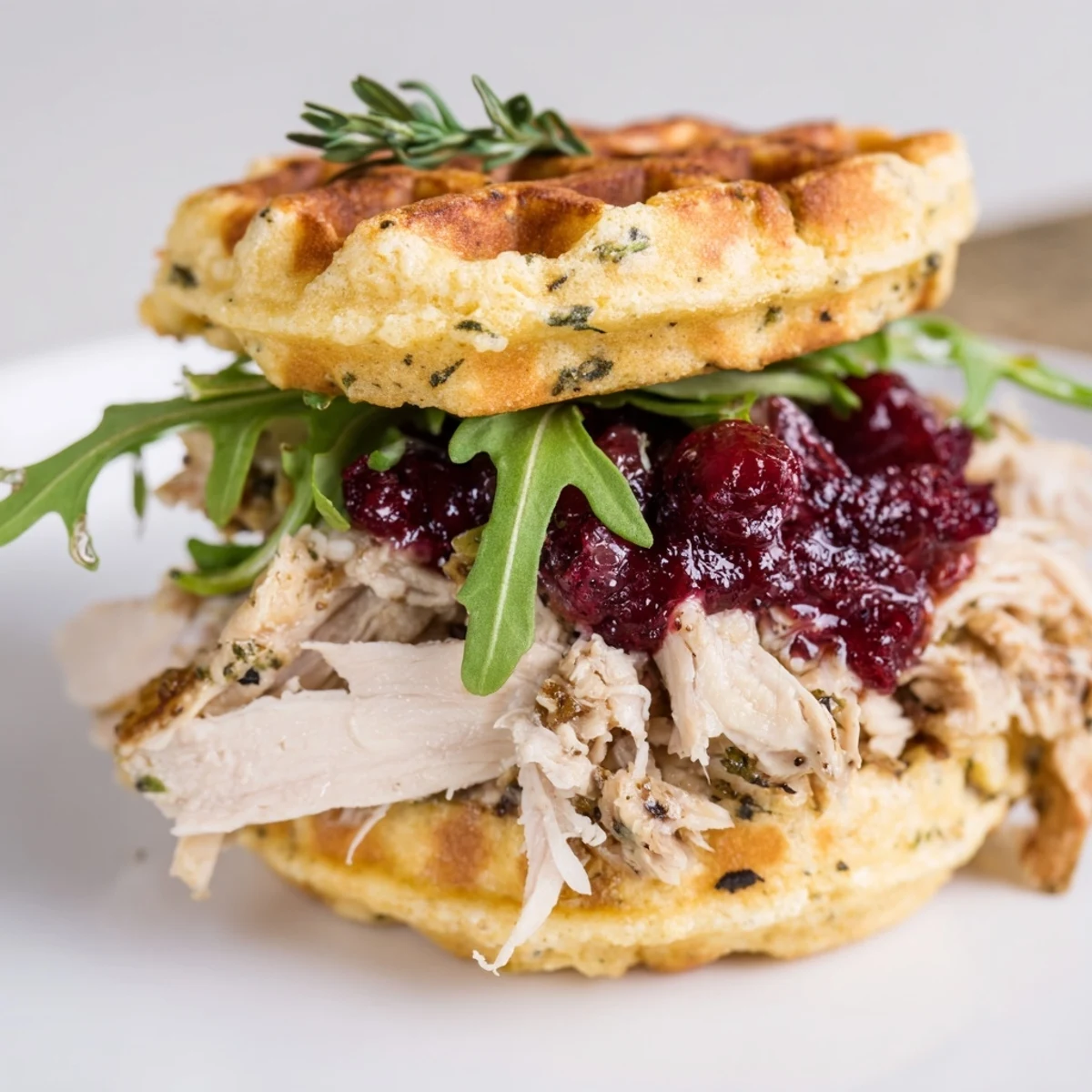 Golden-brown Stuffing Waffle Chicken Sliders piled high with savory shredded chicken and cranberry mayo.