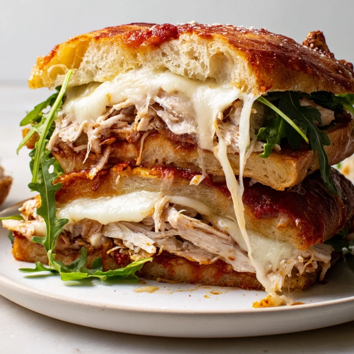 Sizzling Leftover Pizza Chicken Sandwich with golden, grilled crust and a melty, cheesy center, served hot.