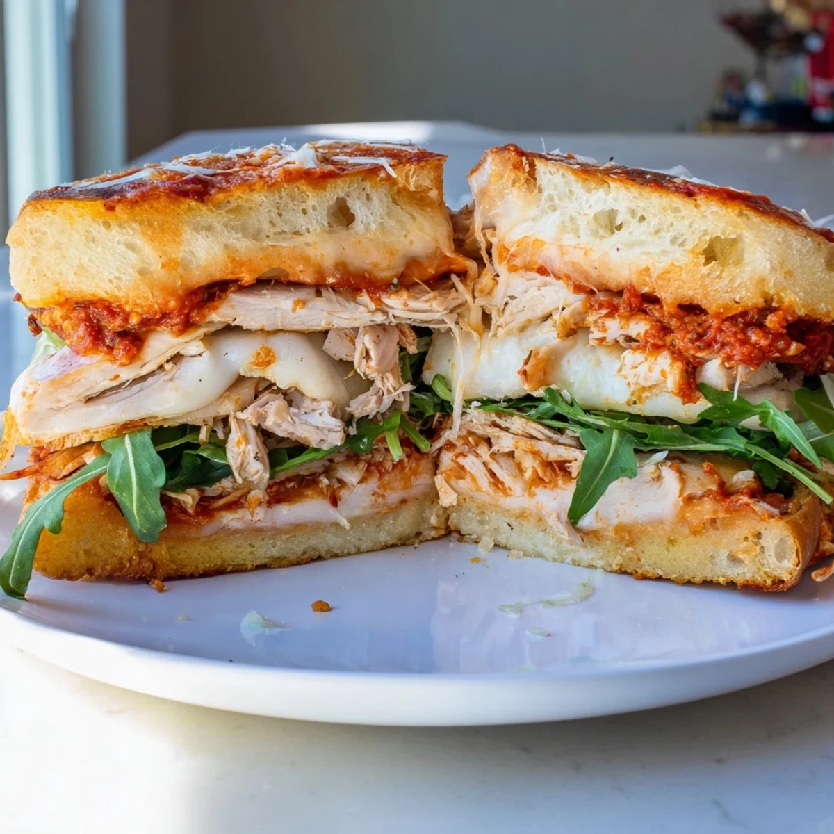 Leftover Pizza Chicken Sandwich, overflowing with melted cheese and crispy crust, ready to enjoy.