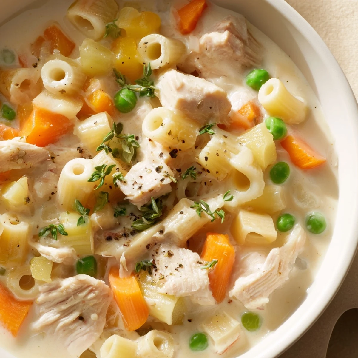 Creamy Chicken Pot Pie Pasta Soup: A warm bowl of comforting soup filled with tender chicken.