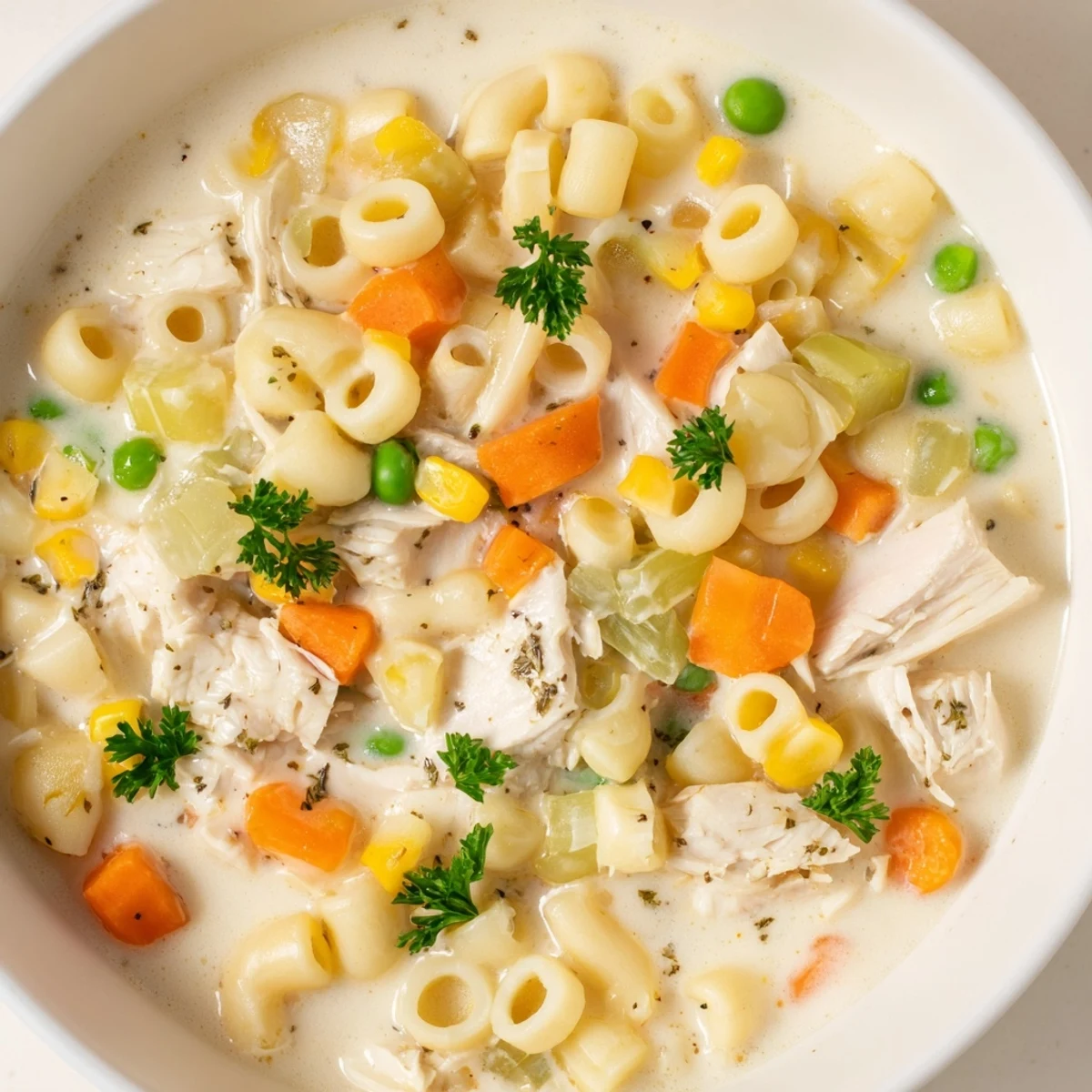 Flavorful Chicken Pot Pie Pasta Soup with perfectly cooked pasta and fresh parsley garnish.