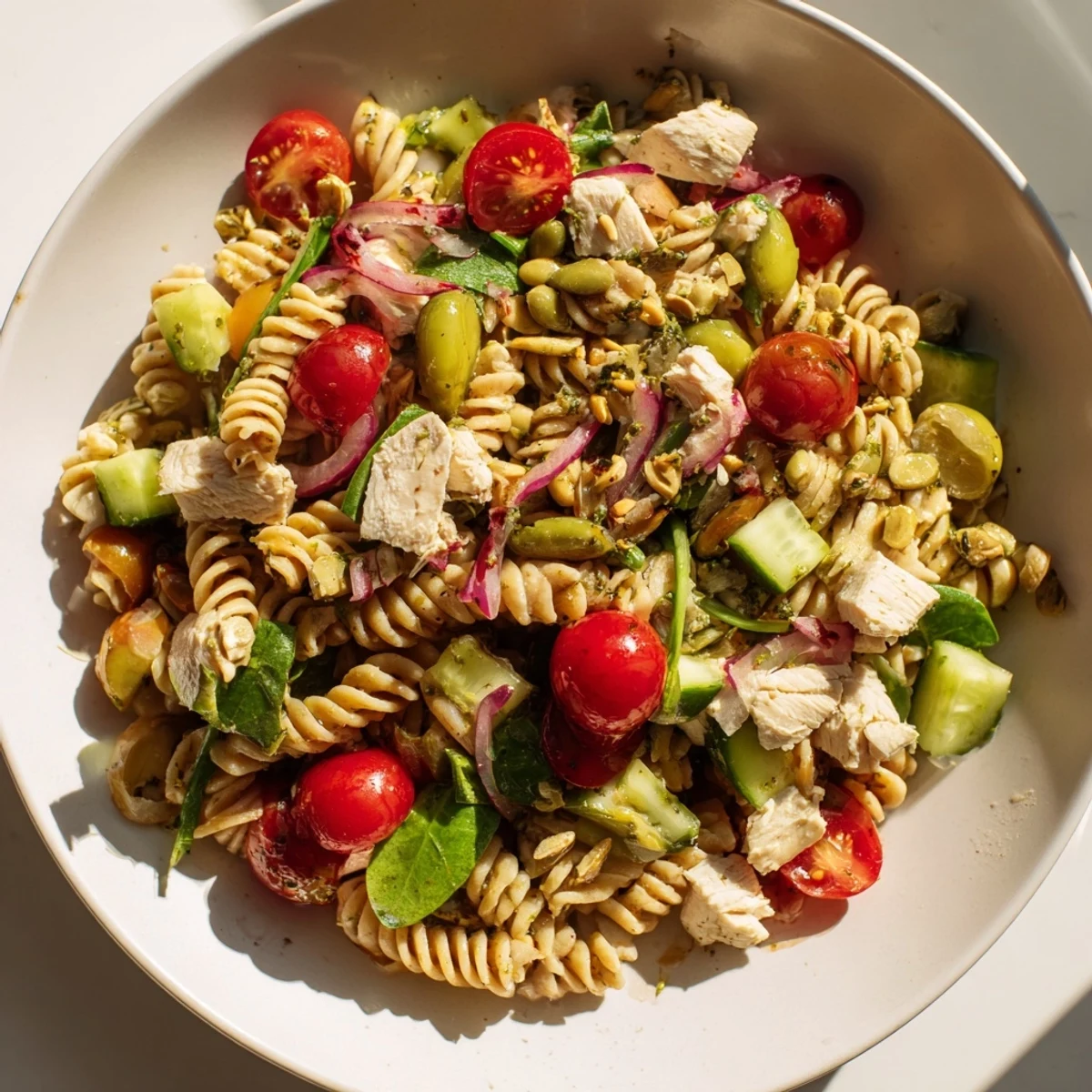 A refreshing bowl of Pasta Salad with Cranberry Vinaigrette, featuring chicken and veggies.
