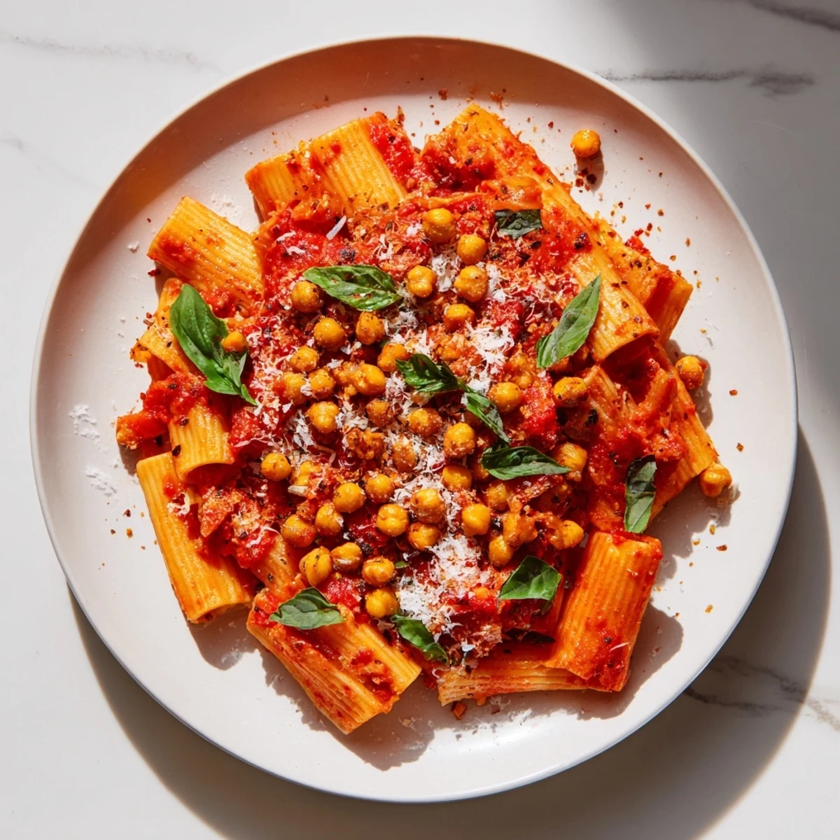 A vibrant bowl of Spicy Arrabbiata Roasted Chickpea Crunch Pasta, ready to devour, topped with cheese.