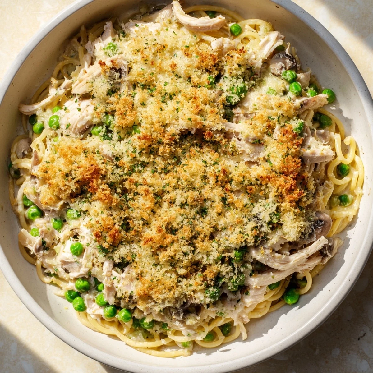 Freshly baked Chicken Tetrazzini offers a comforting blend of flavors, perfect for a family dinner.