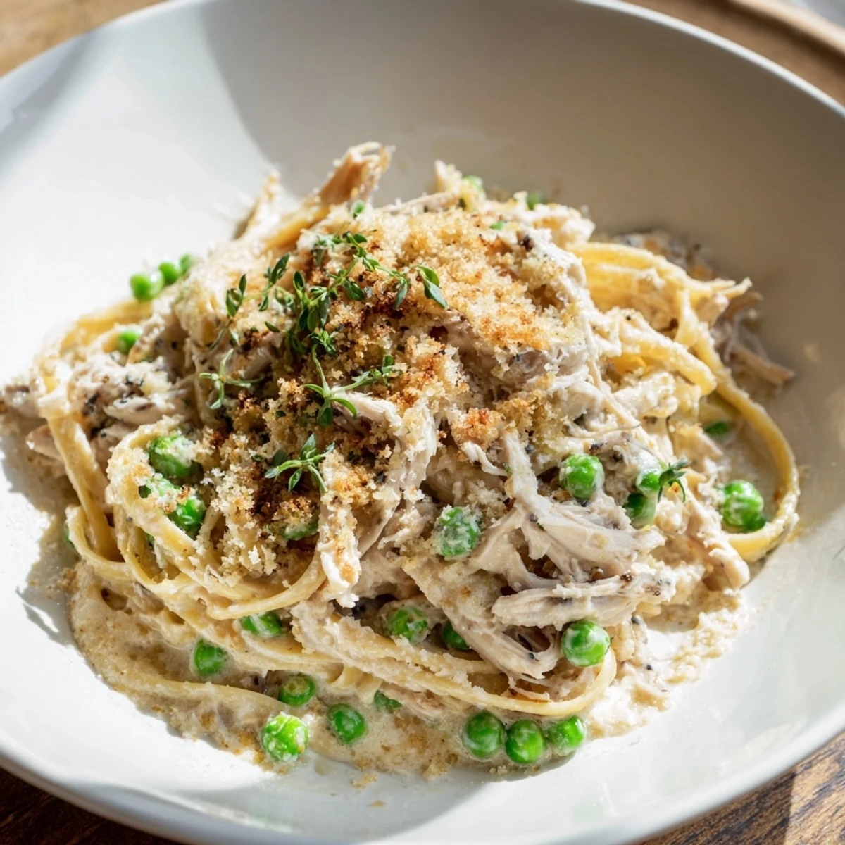 Savory Chicken Tetrazzini, a pasta casserole brimming with mozzarella and topped with crispy panko crumbs.