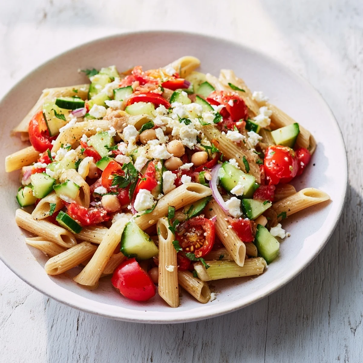A colorful Mediterranean pasta salad with chickpeas, feta cheese, and zesty dressing ready to enjoy.