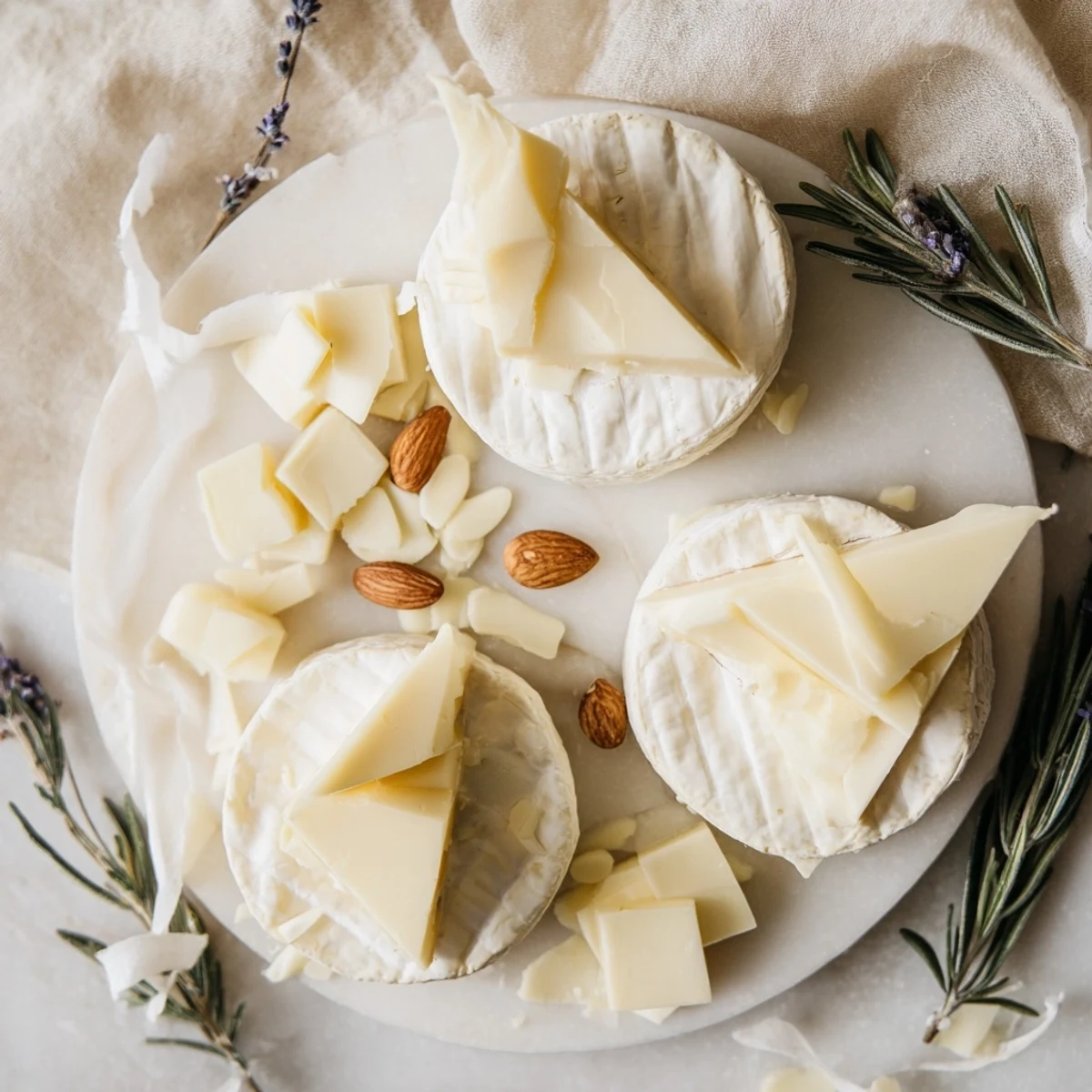Winter Wonderland Platter: A festive appetizer board laden with white cheeses, nuts, and frosted rosemary.