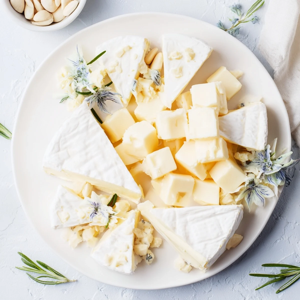 A beautiful Winter Wonderland Platter showcases creamy brie, glistening sugared almonds, and a snowy powdered sugar garnish.