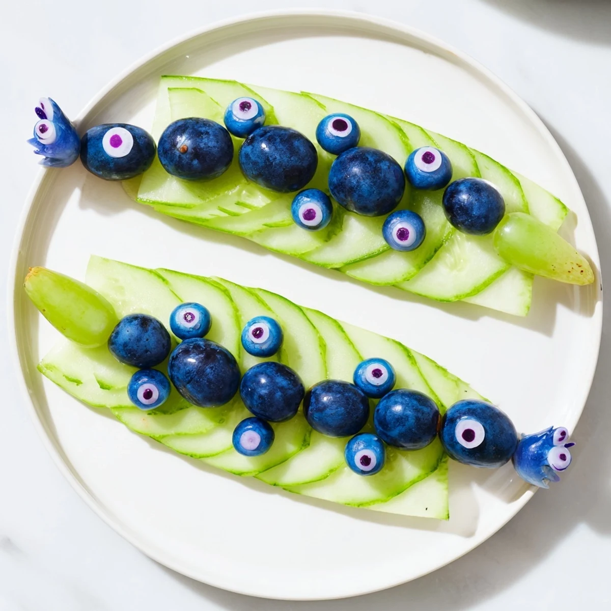 Prepare a visually charming Peacock Tail with cucumber, grapes, and radish accents; perfect for any gathering.