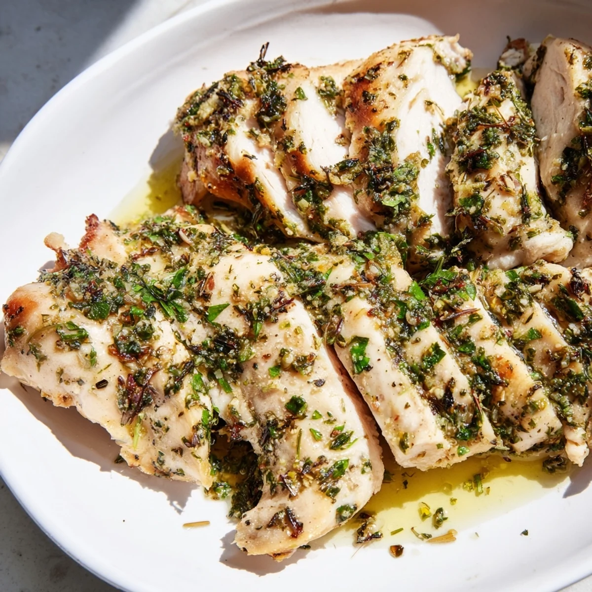 Golden, baked Greek Lemon Herb Chicken with vibrant herbs and lemon wedges, ready to serve.