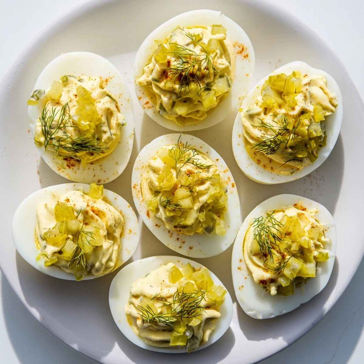 Close-up of creamy dill pickle deviled eggs garnished with fresh dill and paprika.