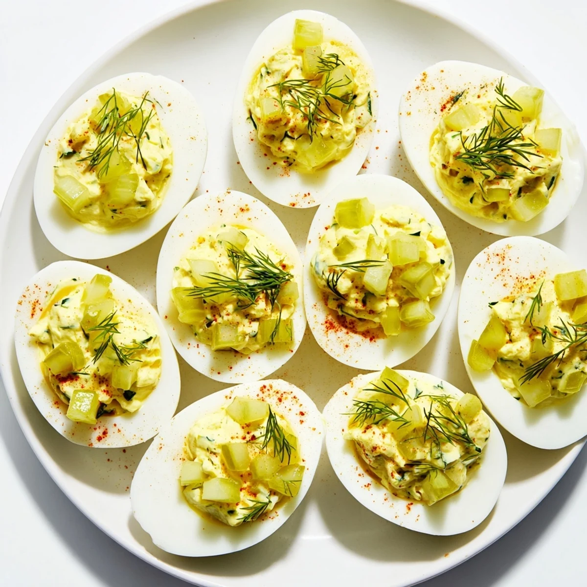 Plated dill pickle deviled eggs with vibrant yellow filling, perfect for a picnic spread.