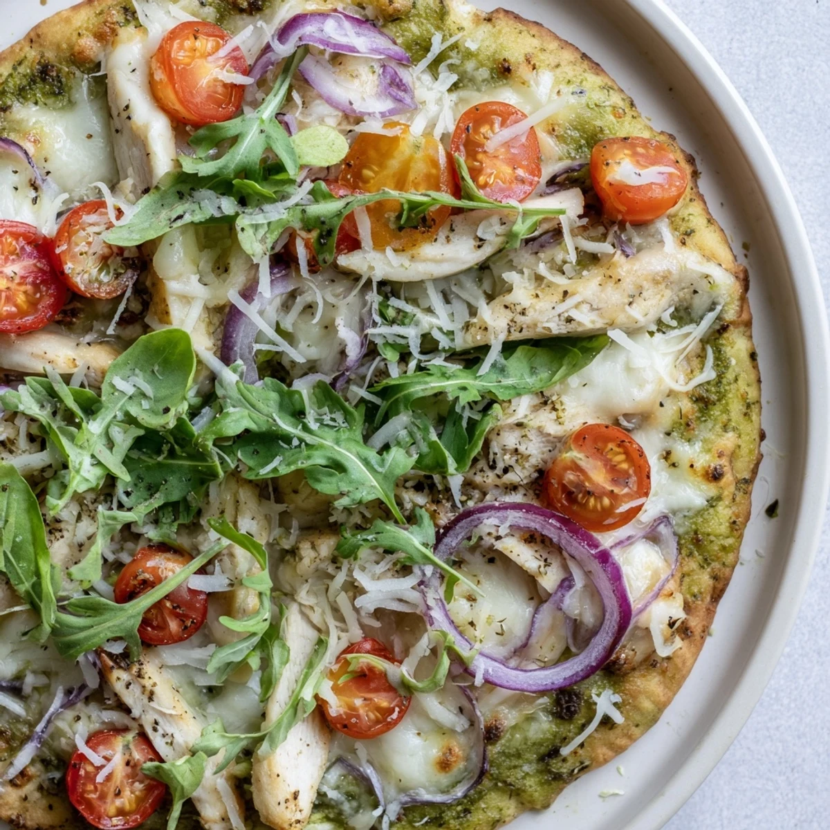 Close-up of a cheesy pesto chicken flatbread, showing crispy edges and flavorful Italian ingredients.