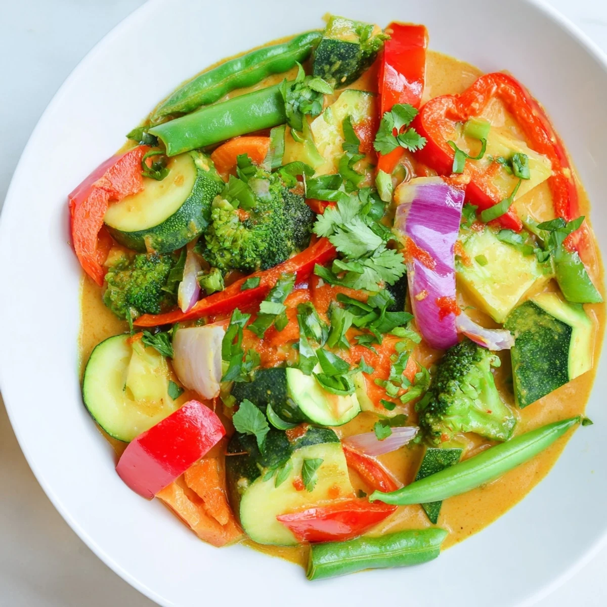 Steaming Coconut Curry Vegetables with vibrant colors; a vegan dinner over fluffy rice.