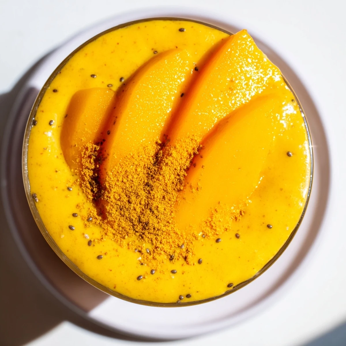 A vibrant glass of Mango Turmeric Smoothie, blended to a smooth, sunny yellow consistency for a healthy start.