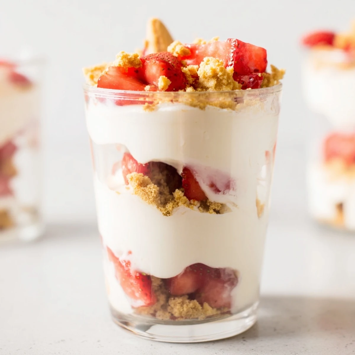 Elegant Strawberry Cheesecake Parfait recipe, visually showcasing layered dessert cups and fresh fruit toppings.